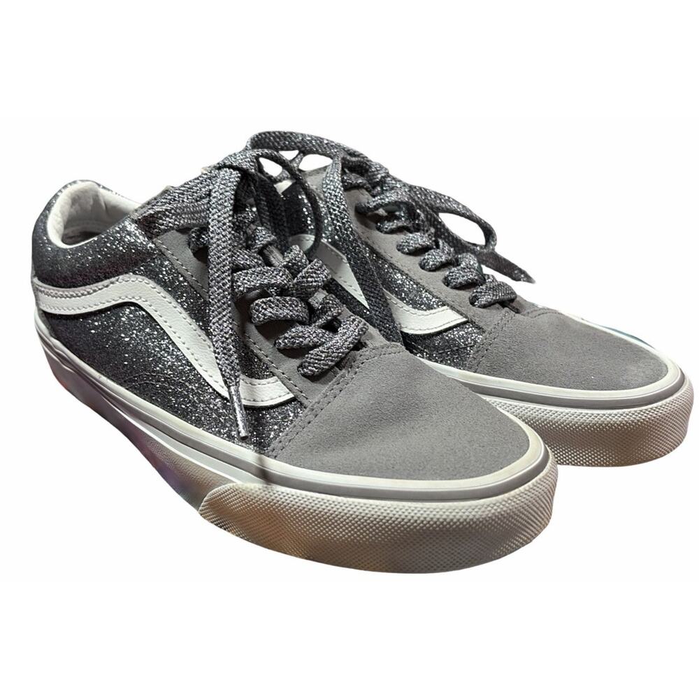 Vans SK8-Low Top Glitter Silver Sneakers Gunmetal Gray Women's Size 6 Sparkle